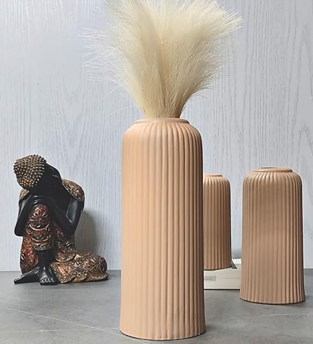 Image of KREATIVE ART'S Modern Ribbed Design Ceramic Flower Vase for Living Room, Flower Pots for Artificial Flower, Home Decoration Item, Home Decor, Vases for Living Room (Beidge, Large)