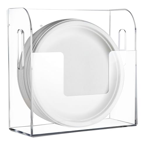 Acrylic Paper Plate Dispenser Wall Mounted, Paper Plate Organizer in Cabinet, Disposable Plate Storage Holder for Kitchen Countertop or Outdoor Picnics Party, Provide Adhesive Strip & Mounting Screws