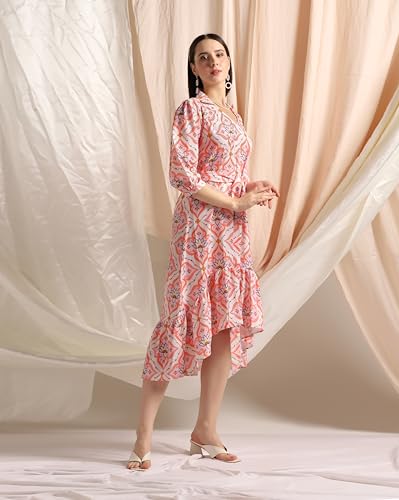 Image of Leriya Fashion Dresses for Women Crepe Abstract Print Belt Waisted High N Law with Ruffled Hem in Wrap-Up Western Dress Shopping College Holidays Office Wear Casual Dress for Girls