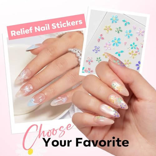 Image of modelones Flower Nail Stickers, 3D Embossed Colorful Floral Daisy Heart Bunny Nails Supplies Flower Nail Art Design for Spring Easter Manicure DIY Nail for Women & Kids 5Pcs