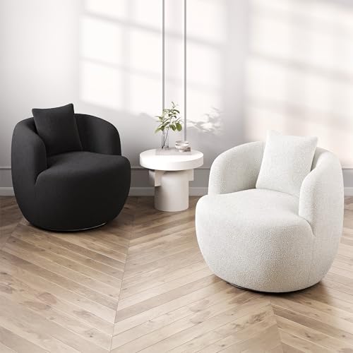 Image of BELLEZE Modern Round Boucle Swivel Armchair - Curved Backrest Upholstered 360 Swivel Sofa Accent Chair with Pillow, Comfy for Living Room - Francisco (Black)