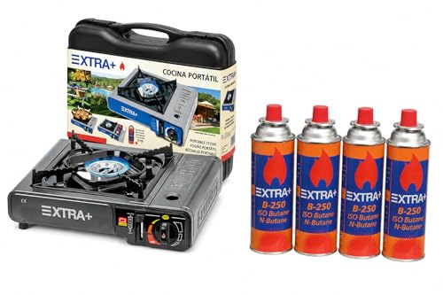 Camping Gas Portatil + 4 Cartuchos, Pack Hornillo + 4 Cartuchos, Hornillo Camping Gas Portátil, Cocinal, Infernillo, Fogareiro