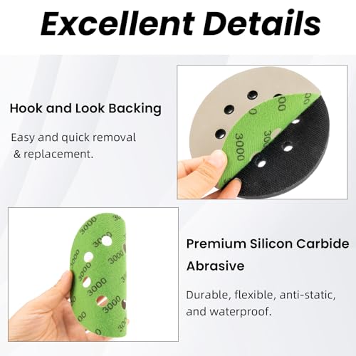 70PCS 5 Inch Sanding Discs, Headlight Restoration Kit Hook and Loop Sanding Pads, 8Hole Wet Dry Sandpaper with 2PCS Interface Pads for Automotive Wood Metal Polishing 600 to 10000 Grits - Thumbnail 3