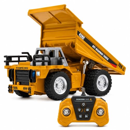 Image of RC Dumper Truck Toy for Kids, 1:64 Die-Cast Metal Construction Truck with Remote Control, LED Lights, Lifting Dump Bed, Rubber Tyres, Engineering Vehicle Toy Gift for Boys & Girls Age 3+