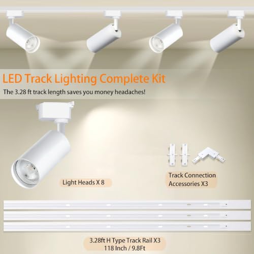 Image of 8 Pack White H Type LED Track Lighting Kit 6000K | Dimmable LED Spotlight 20W 2700lm High Brightness 9.8ft Track Rail Adjustable Angle Complete Lighting System