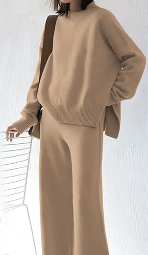 Etcyy New Womens Elegant Lounge Sets Knitted Sweatsuit Sets 2 Piece Outfits With Sweater Tops And Wide Leg Sweatpants #TOP2