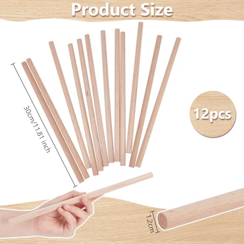 OLYCRAFT 12Pcs Round Wood Sticks 30cm Long Unfinished Beech Wood Strips 12mm Round Dowels Strips Wooden Dowel Rod Natural Wood Sticks Model Accessories for Building Model DIY Craft Supplies - Image 2