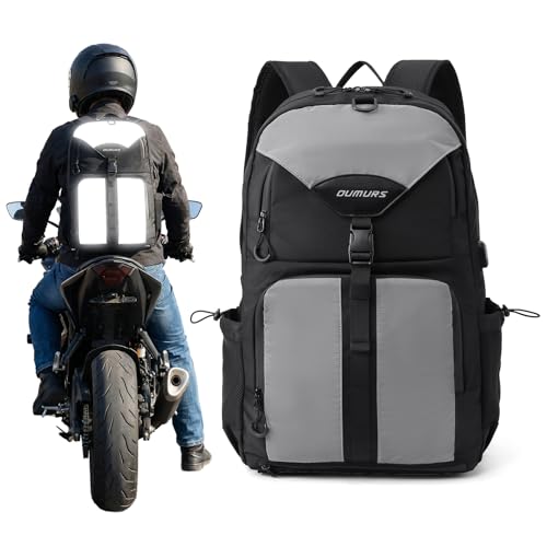 Oumurs Reflective Motorcycle Helmet Backpack 35L Riding Backpack with Hidden Helmet Net Hi-Vis Commuter Bag 1680D Water-Resistant Travel Backpack with Laptop Compartment Ventilated Back