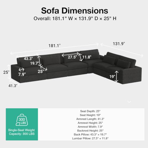 Image of Novilla 181 inch Deep Seat Modular Sectional Sofa, Removable Washable Covers, L Shape 6 Seater Cloud Couch with Lumbar Pillows, Chenille Boneless Sectional Couch Dark Gray, No Assembly Required