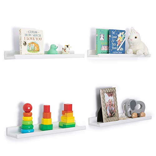 Mighty Walrus-Set of 4 Narrow Floating Wall Shelves-White Bookshelves-Photo Picture Ledge-Modern Wall Book