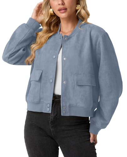 GRECERELLE Womens Bomber Jacket Cropped Button Down Varsity Jacket Long