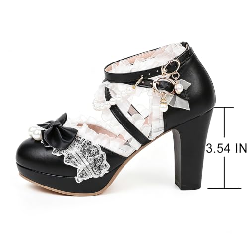 Image of FOREADA Lolita Shoes Platform Mary Jane Heels Kawaii Bow Lace Pearl Pumps | Vintage kawaii lolita styling ideal for dresses, with bead, lace, bow, ankle strap, pink, white and classic black colors