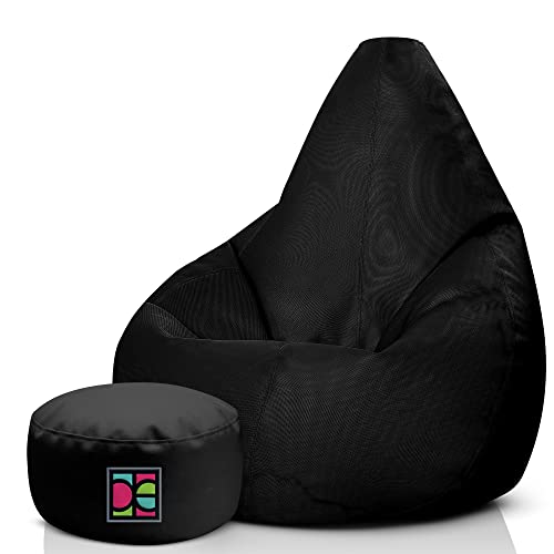 Puff Pera XXL con Relleno Incluido – Puff con Reposapies - Ideal para Adultos y Niños, 100% Polipiel (XXL + Reposapies, Negro Exterior)