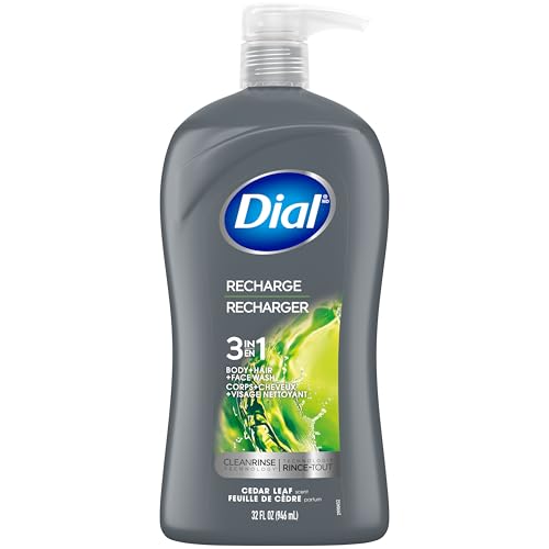 Dial Men 3 in 1 Body, Hair and Face Wash, Recharge, 32 Fl Oz, Cedar Leaf Scent, Cleanses Deep + Gentle on Skin with Clean Rinse Technology