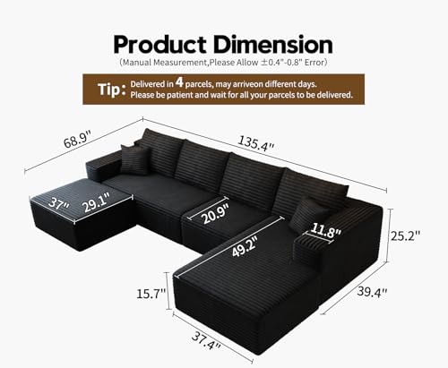 Image of 135.4 inchCloud Modular Sectional Couch with 1 Ottoman,Modern Minimalist Upholstered Couches, Comfort U Shaped Sofa for Living Room,Deep Seat Corner Couch,No Assembly Required (Black,Right Facing Chaise)