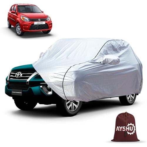 Image of AYSHU Waterproof Car Cover for Maruti Suzuki Alto 800 | Mirror & Antenna Pocket | Anti-Scratch Soft Cotton Inner Layer | Triple Stitched | Heat Resistant Metallic Silver | All-Weather Protection