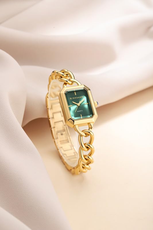 Image of Giordano Elegant Watch for Women with Gloss Sunray Dial, Quartz Movement, Rectangular Case, Stainless Steel Chain Strap and Blue Crown Accent