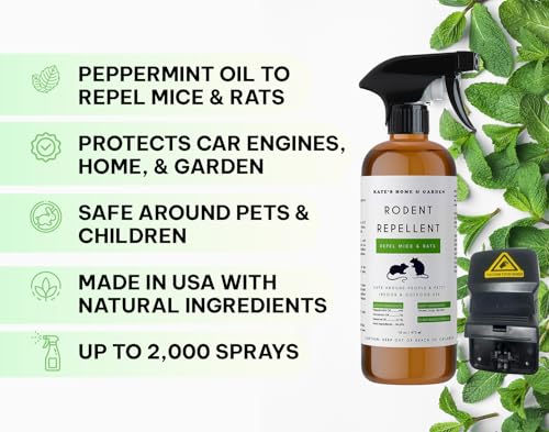 Peppermint Oil Spray for Rodents, Mice, Squirrels with Snap Traps. Rodent Repellent for Indoor, Car Engines & Outdoor (16oz)