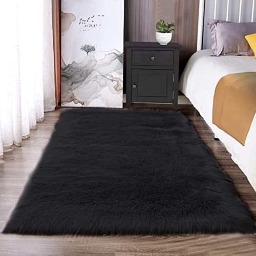 Latepis Teppich Schwarz 90x150 cm Schlafzimmer Bettvorleger für Wohnzimmer Sofa Deko Kunstfell Teppich Flauschig Waschbar Hochflor Fellteppich Shaggy Area Rug