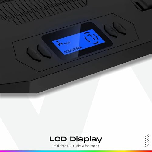 Image of TAG Gamerz Thunder Laptop Cooling Pad - 2 Silent RGB Turbo Fans, 7 RGB Modes, Detachable Mobile Holder, 17 inch Notebook Support, 5 Level Height Adjustment, LCD Display, Dual USB Hub, Antislip Baffle