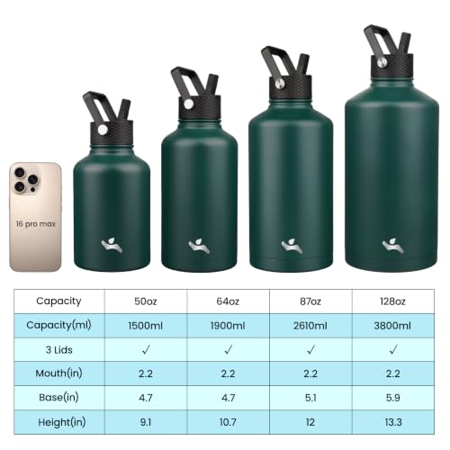 Image of Konokyo Insulated Water Bottle with Straw,87 oz 3 Lids Water Jug with Carrying Bag,Paracord Handle,Double Wall Vacuum Stainless Steel Metal Flask,Dark Green