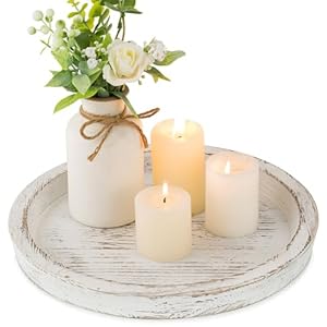Hanobe Candle Plate Holder Tray: Round Wooden Decorative Candle Plate Small Farmhouse Table Centerpiece Rustic White Wood Tealight Pillar Trays for Home Decor
