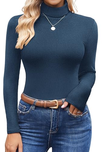 Image of Ekouaer Women's Turtleneck Shirts Ribbed Pullover Sweater Long Sleeves Tops Midweight Thermal Underwear Blouse
