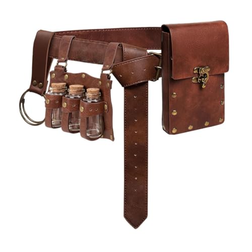 Medieval Retro Leather Belt Set with 3 Potion Bottles & Storage Pouch - Riveted Faux Leather Waist Belt for Cosplay LARP Role Play Camping Theme Party Accessory - Ideal Gift for Fantasy Enthusiasts