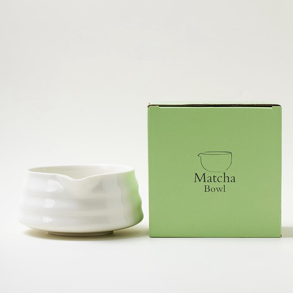 Porcelana glazurowana miska do matcha z wylewką, tradycyjna, ręcznie robiona, w paski, japońska miska do mieszania herbaty matcha z pudełkiem upominkowym