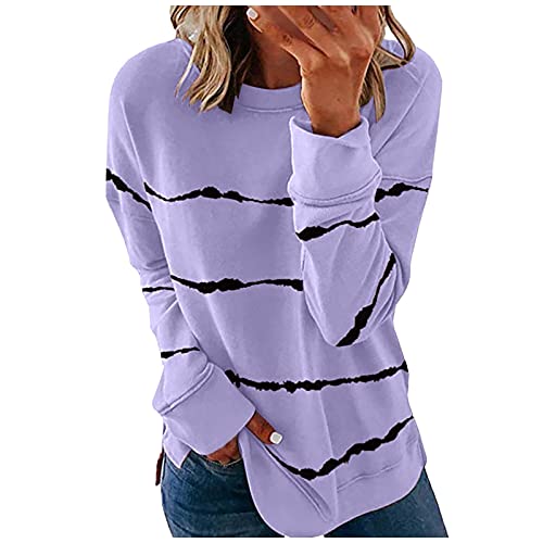 2022 Oversized T Shirts For Women Casual Long Sleeve Striped Crew Neck Graphic Tees Going Out Tops Hawaiian Western Blouse Sweatshirt Plus Size Tunic Tops To Wear With Leggings(B Purple,X-Large) #TOP15