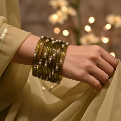Image of SUNDRAM Women's Premium Fancy Glass Bangles for Women & Girls |with Zircon Gemstone Work & Charm| Traditional Ethnic Bangles Set of 12