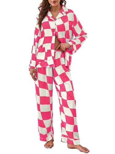 Brosloth Silk Pajama Set for Women Cute Fall Satin Pj Sets Silky Plaid Printed Button Up Pajamas Long Sleeve Lounge Rose Red XL