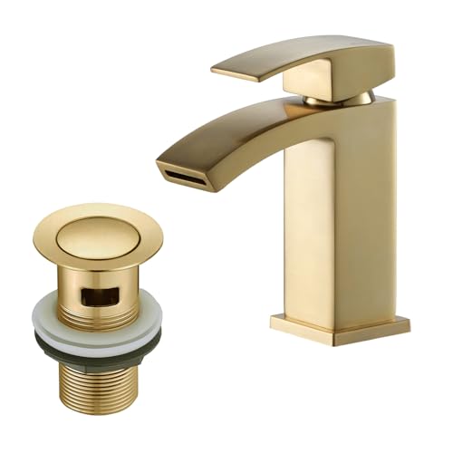 BATHWEST 322X Mitigeur Lavabo Salle de Bain, Robinets d'évier en forme de cascade carrés avec bonde pop-up en laiton monobloc avec bouchon d'évier (or,...