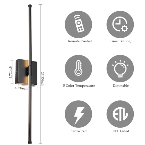 Image of LED Wall Sconces with Remote Control, Dimmable Wall Sconces Set of Two, 5 Colors 3000K-6500K & Dimmable, Hardwire Wall Light with Timer & Night Light, LED Black Wall Lamps for Living Room, Bedroom