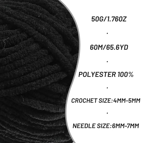 Image of 2 Packs Plush Chenille Chunky Crochet Yarn - Baby Yarn for Crocheting Soft - Velvet Yarns Knitting for Blankets Crafts - Fluffy Amigurumi Yarns 100g /131yds (2 Black)