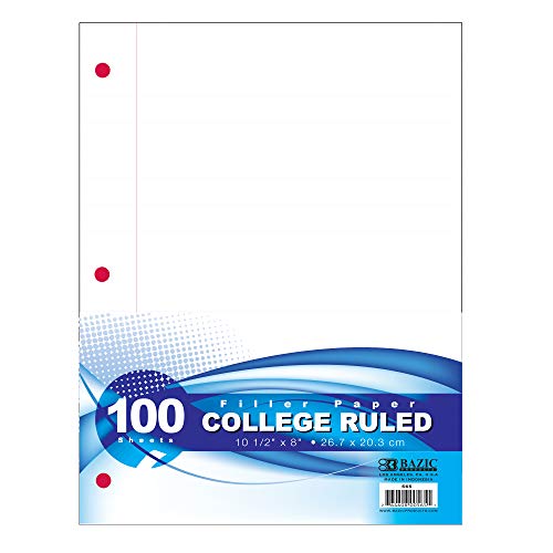 BAZIC College Ruled 100 Sheets Filler Paper, 3 Hole Punched Lined Filler Papers, for 3-Ring Binders Writing Office College Student, 1-Pack