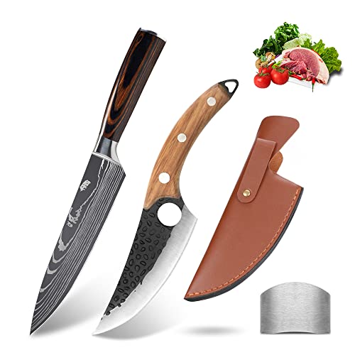 Anhichef Set de Cuchillos de Cocina,Cuchillos de Cocina Damasco Profesionales 20cm + Cuchillo Deshuesador de 15 cm con Funda de Cuero-Cuchillas...