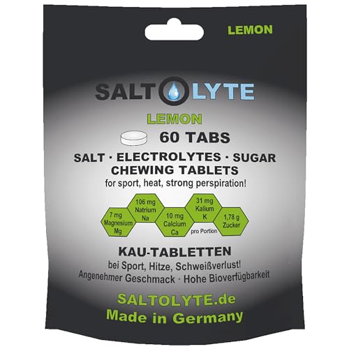 SALTOLYTE 60 comprimidos masticables TABS de sal y electrolito con sodio, potasio, calcio y magnesio para deportes, calor, pérdida de sudor