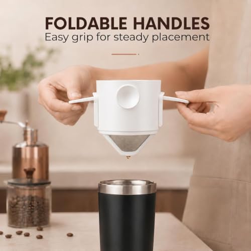Image of Portable Coffee Dripper Filter, Reusable Paperless Pour Over Coffee Maker with Stainless Steel Mesh, Built-in Holder, No Drip Design for Travel Cups & Mugs (White)