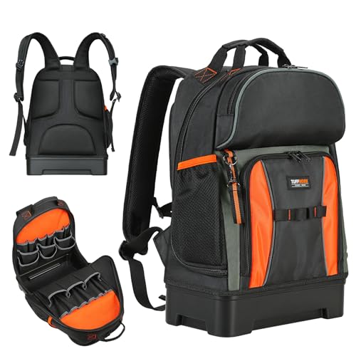 TUFFWORX Tool Backpack with Hard Bottom, Heavy Duty Storage Bag, Multiple Compartments, Black and Orange