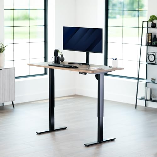 Image of VIVO Reclaimed Wood 55 x 28 in Standing Desk, DESK-KIT-1B55P | Electric, Holds 220 lbs, Sit Stand, Height Adjustable, Solid One-Piece Table Top, Memory Presets, 1B Series, Black Frame