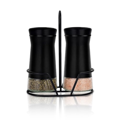Image of Aelga Farmhouse Salt & Pepper Shakers with Holder & Adjustable Pour Holes, Refillable Salt Shaker for Himalayan, Kosher - Black