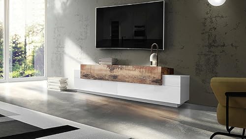 Mobile Porta TV TEO Credenza Bassa da Soggiorno Base Televisione 100% Made in Italy cm 200x45h52 Bianco Lucido e Acero