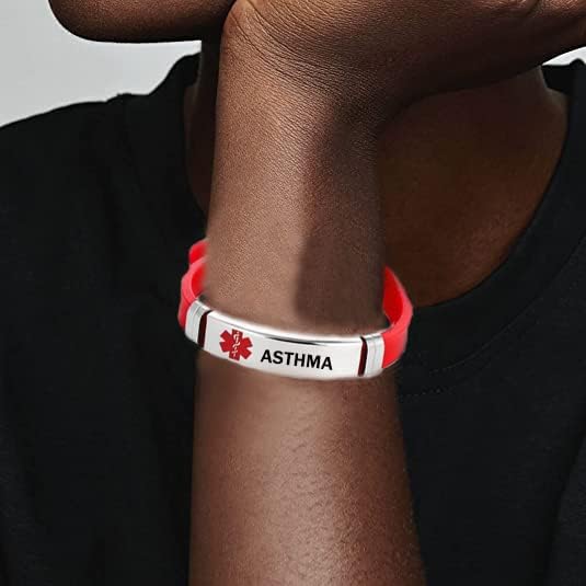 Miniatura 3 de Pulsera de identificación médica con nombre grabado, alerta médica, pulsera deportiva ajustable de silicona para hombres y mujeres, acero inoxidable