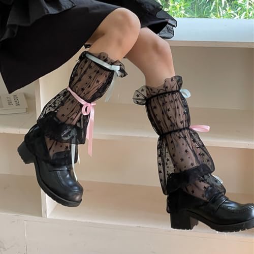 Image of Women Girls Lace Leg Warmers Y2k Kawaii Mesh Strappy Thigh High Slipper Socks Boot Socks