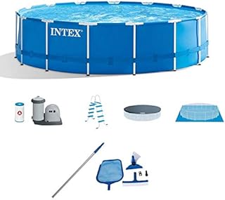 Intex 28241EH 15-Ft x 48-in Metal Frame Above Ground Swimming Pool with Filter Pump, Cover and Cleaning Maintenance Kit with Vacuum, Skimmer and Pole
