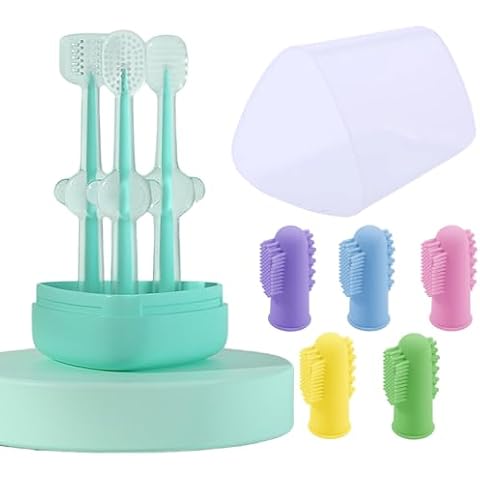 KUEIOX Dog Toothbrush Kit，8 Pcs Dog Cat Teeth Cleaning Finger Toothbrush for Dogs,3 Sided Pet Puppy Toothbrush and Finger Brush for Small Medium Large Dogs Cats Teeth,All in One Storage Case-Blue Cover