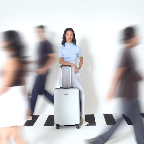 Image of Assembly Medium Check-in Suitcase with 8 Spinner Wheels & 3 Packing Cubes, Durable Polycarbonate Hard Shell Trolley Bag for Vacations & Business Travel, White-Blue, 24-Inch