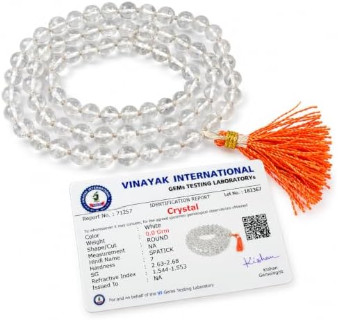 Reiki Crystal Products Unisex Adult Natural Certified Sphatik Clear Quartz Mala 6 Mm Round 108 Beads Original Crystal Stone Jaap Mala For Reiki Healing And Crystal Healing Stone