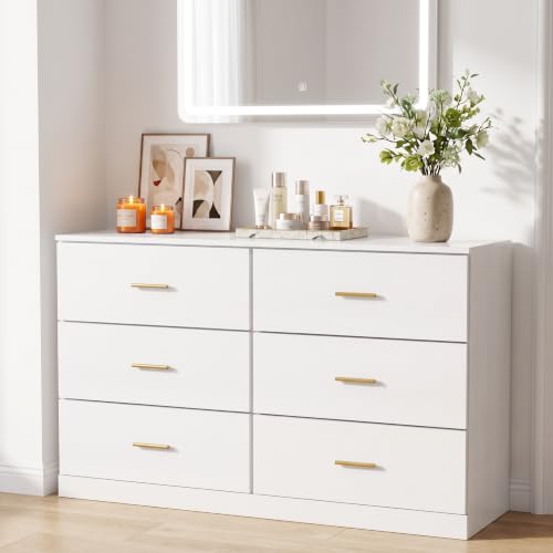 YMW Modern White 6 Drawer Dresser with Gold Handles, 47" Chest of Drawers for Bedroom, Kids Room & Nursery, Wooden Storage Dresser for Girls Bedroom-1pc